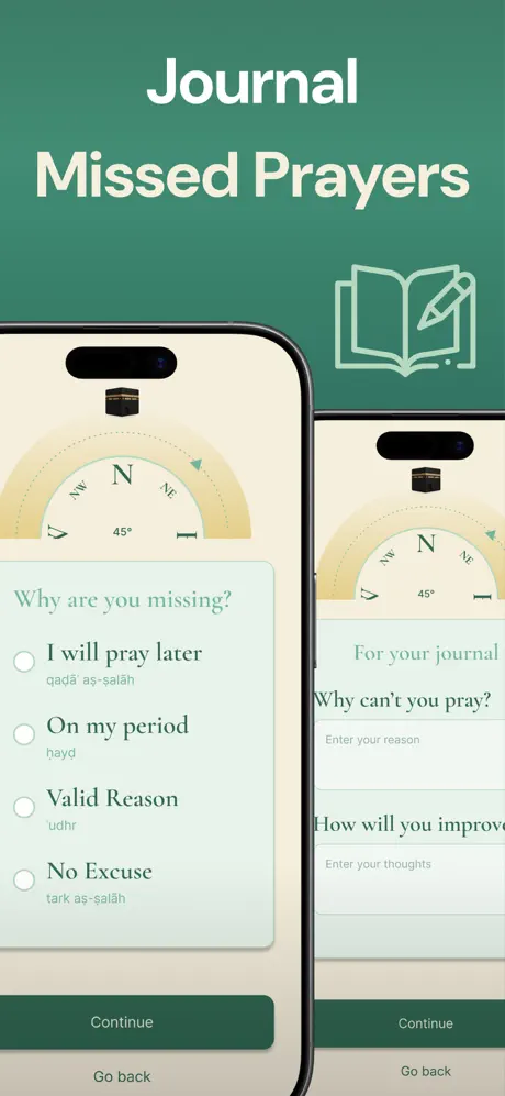 Aqimo prayer journal showing reflection prompts for missed prayers